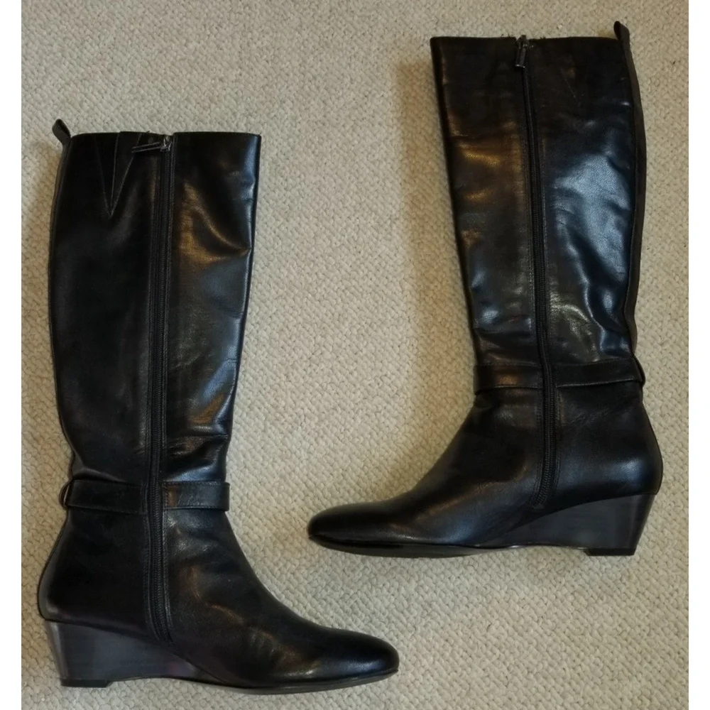 Womens Boots-BANDOLINO-black leather knee boots 'Bdadanna' wedged-6.5 M